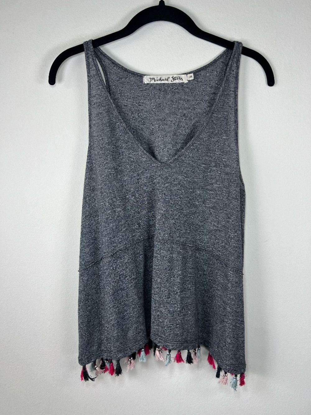 Michael Stars Tasseled Hem Tank Top Gray V-Neck Flowy Slub Knit Boho USA Made OS